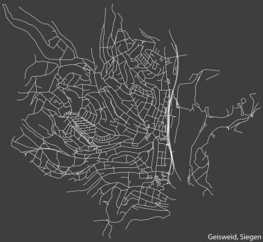 Alman bölgesel başkenti Siegen, Almanya 'nın GEISWEID QuARTER bölgesinin koyu gri arkaplanlı şehir haritası