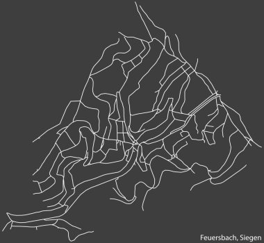 Almanya 'nın başkenti Siegen' in FEUERSBACH QuARTER 'ının koyu gri arkaplan üzerindeki şehir caddelerinin detaylı haritası.