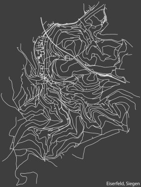Alman bölgesel başkenti Siegen 'in EISERFELD çeyreğinin şehir caddeleri haritası, koyu gri arkaplan üzerine ayrıntılı olumsuz navigasyon.