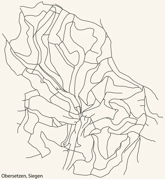 詳細ナビゲーションブラックラインヴィンテージベージュを背景にドイツの首都ジーゲンのObersetten Quarterの都市道路地図 — ストックベクタ