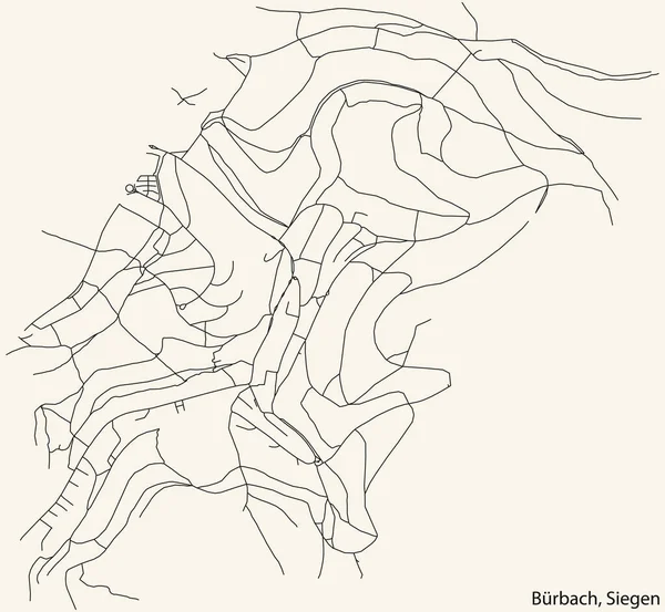 德国锡根地区首府Brbach四方的详细导航黑线城市街道路线图 背景为古米色 — 图库矢量图片