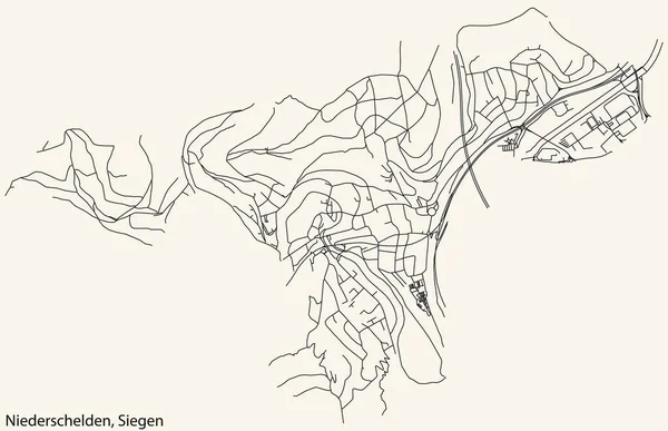 Detaillierte Navigation Schwarze Linien Stadtstraßenplan Des Niederschelden Quarter Der Landeshauptstadt — Stockvektor