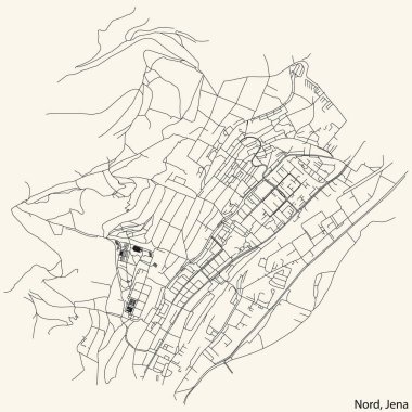 Alman bölgesel başkenti Jena, Almanya 'nın NORD QuARTER bölgesinin klasik bej arkaplanlı şehir haritasının ayrıntılı navigasyon siyah hatları