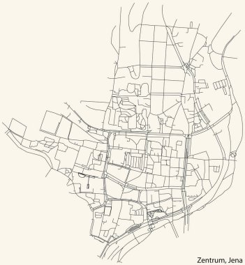 Alman bölgesel başkenti Jena, Almanya 'nın ZENTRUM QuARTER bölgesinin klasik bej arka planında yer alan kentsel yol haritasının ayrıntılı navigasyon siyah hatları
