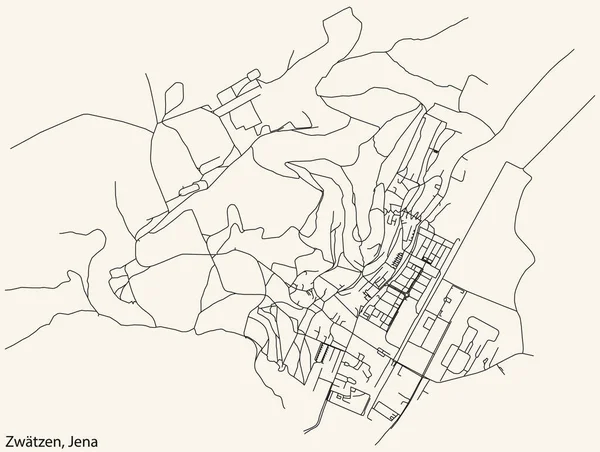 Navegação Detalhada Black Lines Urban Street Roads Mapa Zwtzen Quarter —  Vetores de Stock
