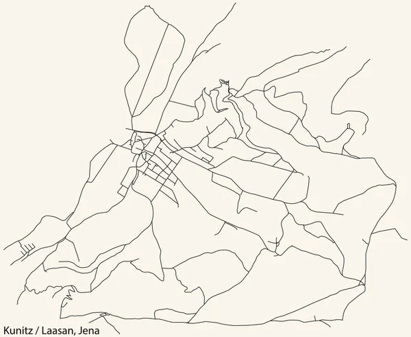 德国Jena地区首府Kunidz Laasan Quarter的城市街道详细导航黑线图 背景为古米色 — 图库矢量图片