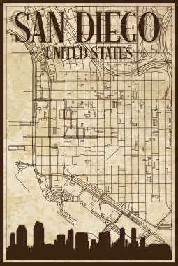 SAN DIEGO şehir merkezinin el yazması sokak haritası, kahverengi 3D şehir silueti ve harfleriyle birleşik AMERICA devletleri.