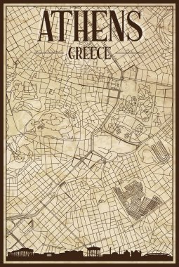 ATHENS şehir merkezi ATHENS, GREECE kahverengi 3D şehir silueti ve harfleri ile kahverengi el yapımı sokak haritası