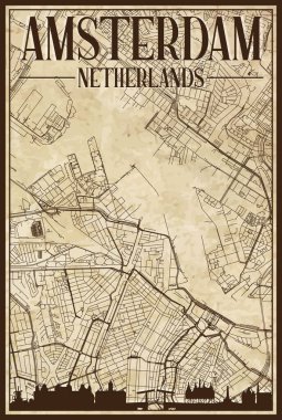 Kahverengi el yazması sokak haritası AMSTERDAM şehir merkezi, NETHERLANDS kahverengi 3D şehir silueti ve harfleri
