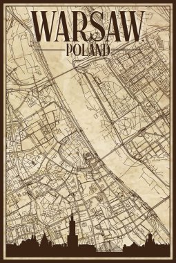 Kahverengi, el yazması sokak haritası şehir merkezi WARseen, POLAND kahverengi 3D şehir silueti ve harfleri ile