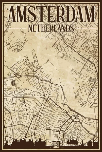 Braune Handgezeichnete Ausgedruckte Straßenkarte Der Innenstadt Amsterdam Niederlande Mit Brauner — Stockvektor