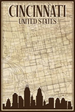 Kahverengi renkli el yazması sokak haritası CINCINNATI şehir merkezi, AMERICA 'nın birleşik devletleri kahverengi 3D şehir silueti ve harfleri