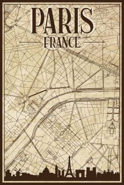 Kahverengi, el yapımı, şehir merkezindeki PARIS ağ haritası, kahverengi 3D şehir silueti ve harfleri olan FRANCE.