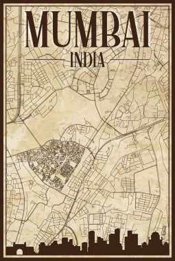 Kahverengi renkli el yazması sokak haritası şehir merkezi MUMBAI, INDIA kahverengi 3D şehir silueti ve harfleri ile