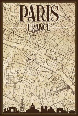 Kahverengi, el yapımı, şehir merkezindeki PARIS ağ haritası, kahverengi 3D şehir silueti ve harfleri olan FRANCE.
