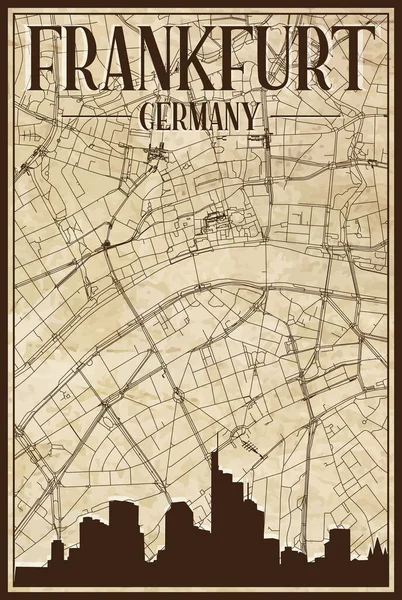 Коричневые Винтажные Нарисованные Вручную Улочки Сетевой Карты Центра Города Франкфурт — стоковый вектор