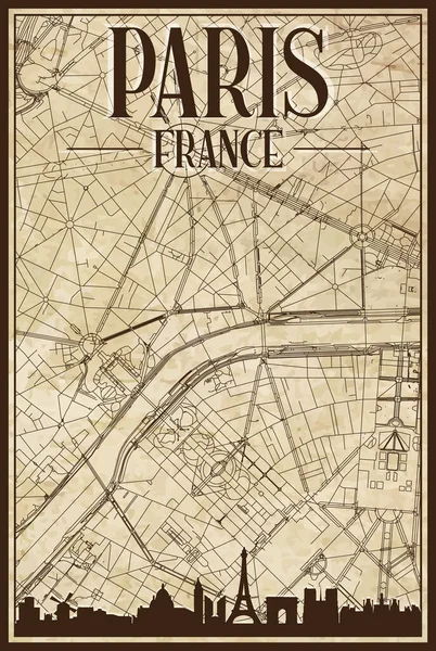 Carte Réseau Rues Vintage Marron Dessinée Main Centre Ville Paris — Image vectorielle