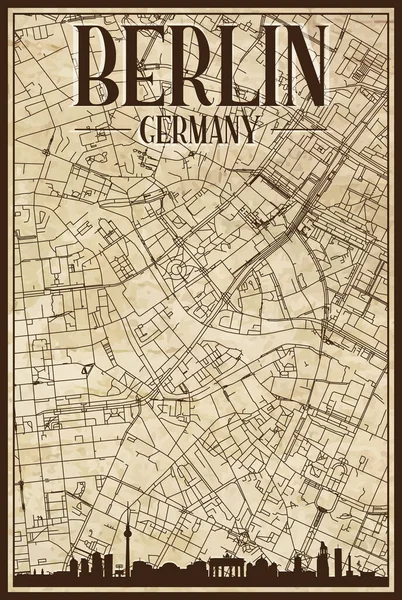 Braune Alte Handgezeichnete Straßenkarte Der Innenstadt Von Berlin Deutschland Mit — Stockvektor