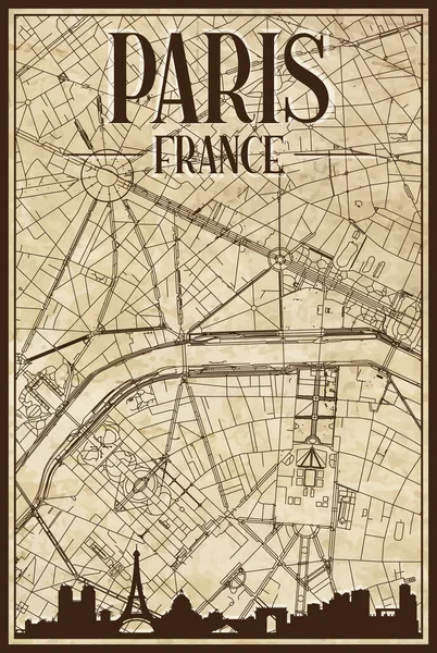 巴黎市中心的棕色复古手绘街道网络图 带有棕色3D城市天际线和字体的法兰西 — 图库矢量图片
