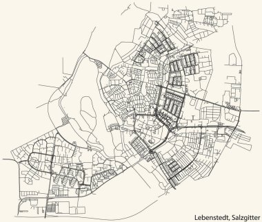 Alman bölgesel başkenti Salzgitter 'in LEBENSTEDT QuARTER' ının şehir caddelerinin detaylı haritası klasik bej arka planda.