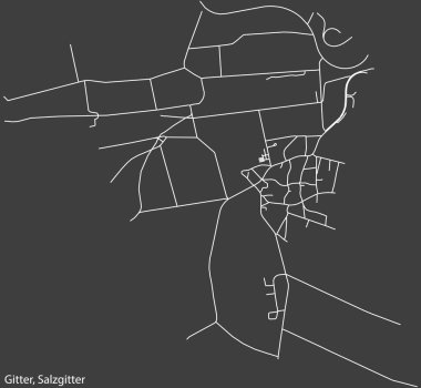 Alman bölgesel başkenti Salzgitter, Almanya 'nın GITTER QuARTER bölgesinin koyu gri arkaplanlı şehir haritasının ayrıntılı negatif seyrüsefer beyaz çizgileri
