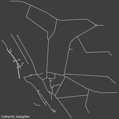 Alman bölgesel başkenti Salzgitter, Almanya 'nın CALBECHT QuARTER bölgesinin şehir caddelerinin haritası, koyu gri arkaplan üzerine ayrıntılı olumsuz seyrüsefer.