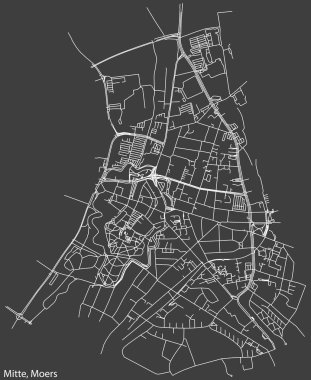 Almanya 'nın başkenti Moers' in MITTE QuARTER bölgesinin koyu gri arkaplan üzerinde yer alan şehir caddelerinin detaylı haritası