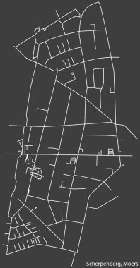 Alman bölgesel başkenti Moers, Almanya 'nın SCHERPENBERG QuARTER bölgesinin şehir caddelerinin haritası, koyu gri arkaplan üzerine ayrıntılı olumsuz seyrüsefer.