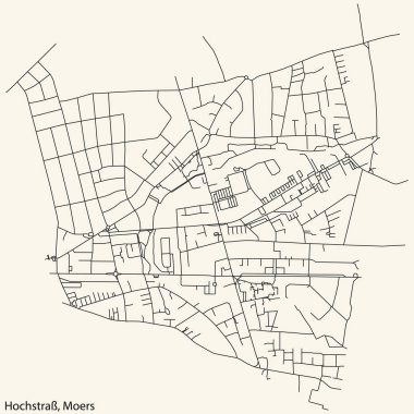 Alman bölgesel başkenti Moers 'in HOCHSTRASS QuARTER bölgesinin klasik bej arkaplanlı şehir haritasının ayrıntılı seyir çizgileri.