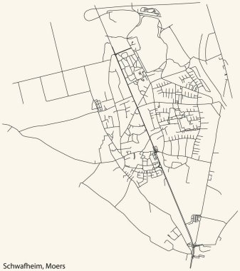 Alman bölgesel başkenti Moers, Almanya 'nın SCHWAFHEIM QuARTER bölgesinin klasik bej arka planında yer alan kentsel cadde haritasının ayrıntılı navigasyon siyah hatları
