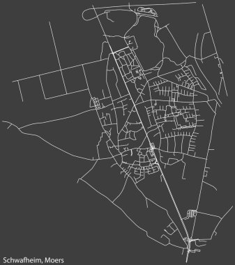 Alman bölgesel başkenti Moers, Almanya 'nın SCHWAFHEIM QuARTER bölgesinin koyu gri arkaplanlı şehir haritası