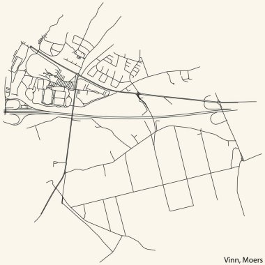 Alman bölgesel başkenti Moers, Almanya 'nın VINN QuARTER bölgesinin klasik bej arka planında yer alan kentsel yol haritasının ayrıntılı navigasyon siyah hatları