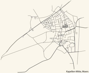 Alman bölgesel başkenti Moers 'in KAPELLEN-MITTE QuARTER bölgesinin klasik bej arka planda yer alan şehir haritasının ayrıntılı navigasyon siyah hatları