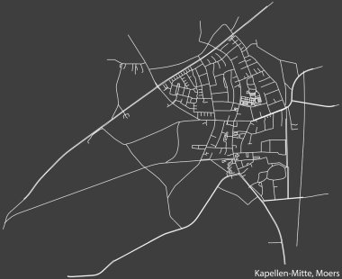 Alman bölgesel başkenti Moers 'in KAPELN-MITTE QuARTER' ının şehir caddeleri haritasının ayrıntılı olumsuz seyrüsefer çizgileri koyu gri arka planda.