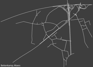 Almanya 'nın başkenti Moers' in BetenkaMP Quarter bölgesinin koyu gri arkaplan üzerinde yer alan şehir caddeleri haritası.