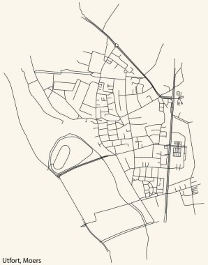 Alman bölgesel başkenti Moers, Almanya 'nın UTFORT QuARTER bölgesinin klasik bej arka planında yer alan kentsel yol haritasının ayrıntılı navigasyon siyah hatları