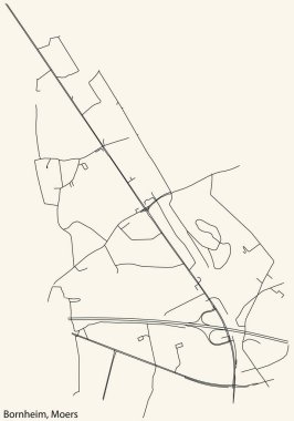 Alman bölgesel başkenti Moers, Almanya 'nın BORNHEIM QuARTER bölgesinin klasik bej arkaplanlı şehir haritasının ayrıntılı navigasyon siyah hatları