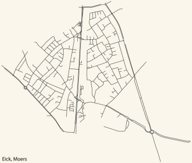 Alman bölgesel başkenti Moers, Almanya 'nın EICK Quarter bölgesinin klasik bej arka planında yer alan kentsel sokak haritasının ayrıntılı navigasyon siyah hatları