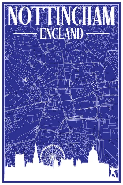 带有棕色3D城市天际线和字体的英格兰诺丁汉市中心蓝色复古手绘街道网络图 — 图库矢量图片