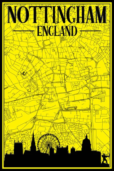 Gelbe Handgezeichnete Ausgedruckte Straßenkarte Der Innenstadt Von Nottingham England Mit — Stockvektor