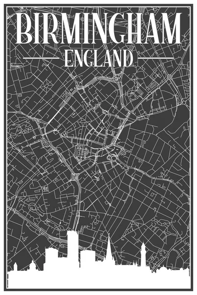 Schwarzer Handgezeichneter Straßennetzplan Der Innenstadt Von Birmingham England Mit Brauner — Stockvektor