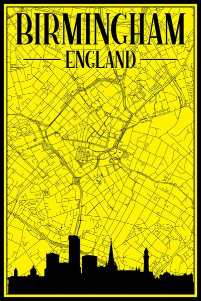 Žlutý Ročník Ručně Kreslených Tiskových Ulic Síťová Mapa Centra Birmingham — Stockový vektor