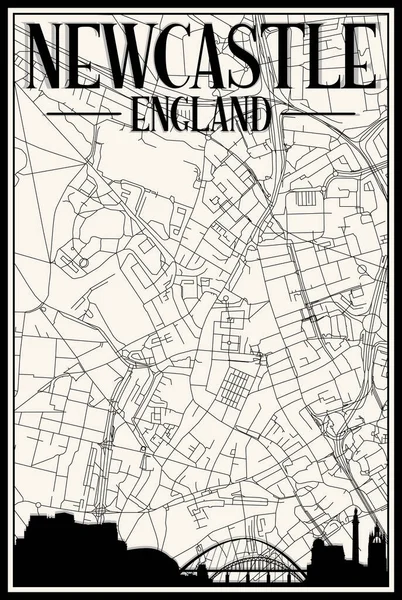 Weiße Handgezeichnete Straßenkarte Der Innenstadt Von Newcastle England Mit Brauner — Stockvektor