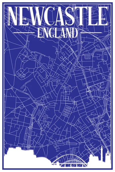 Blue Vintage Hand Drawn Printout Streets Network Map Downtown Newcastle —  Vetores de Stock