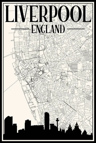 ダウンタウンのリバープール 茶色の3D都市のスカイラインとレタリングを持つイングランドの白いヴィンテージ手描きのプリントアウトストリートネットワークマップ — ストックベクタ