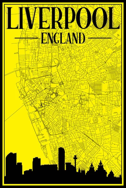 Gelbe Vintage Handgezeichnete Straßenkarte Der Innenstadt Von Liverpool England Mit — Stockvektor