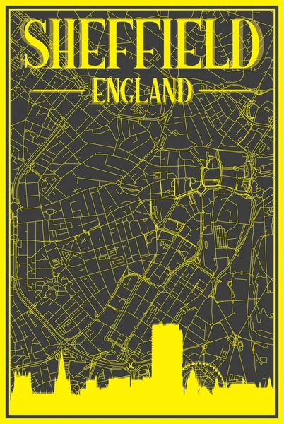 Schwarz Gelber Vintage Handgezeichneter Straßennetzplan Der Innenstadt Von Sheffield England — Stockvektor