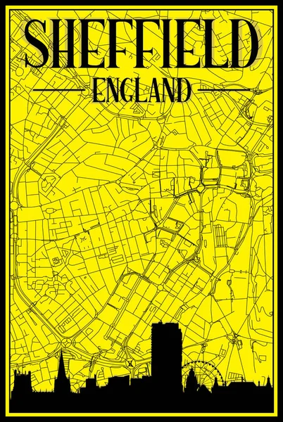Gelbe Ausgedruckte Straßenkarte Der Innenstadt Von Sheffield England Mit Brauner — Stockvektor