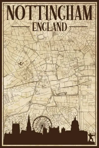 Коричневые Винтажные Нарисованные Вручную Улочки Сетевой Карты Центра Неттингема Англия — стоковый вектор