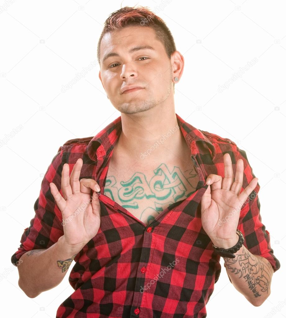 Man Shows Chest Tattoo
